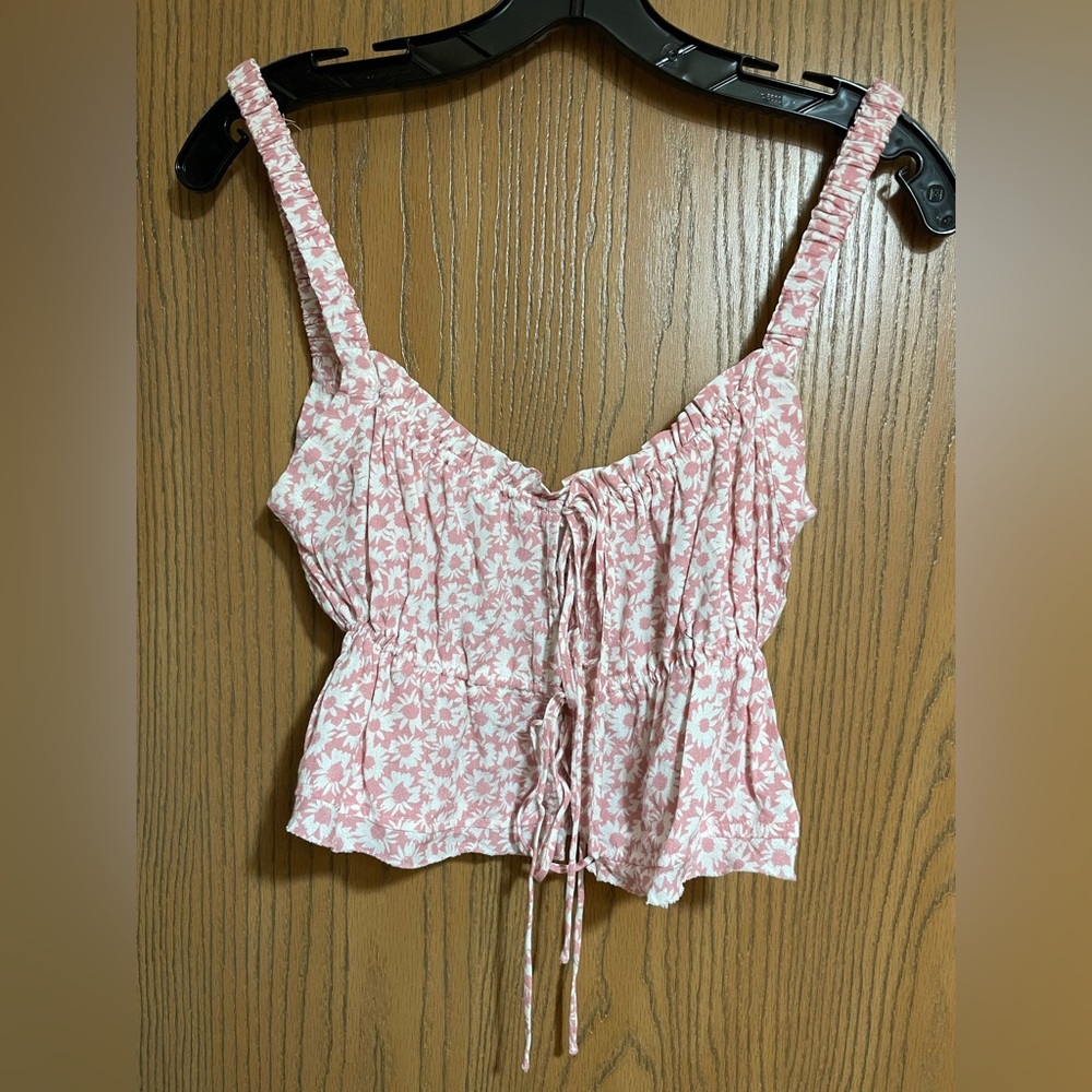Skylar + Madison Pink Cropped Tank with White Floral Print and Tie Front